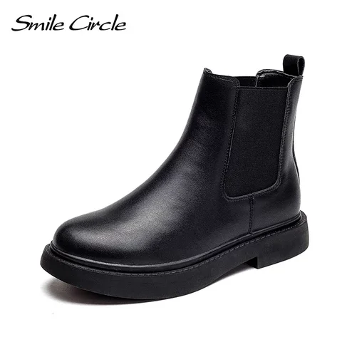 Smile Circle Ankle Boots Genuine Leather women chunky Short Boots autumn Casual Ladies shoes simple winter boots black