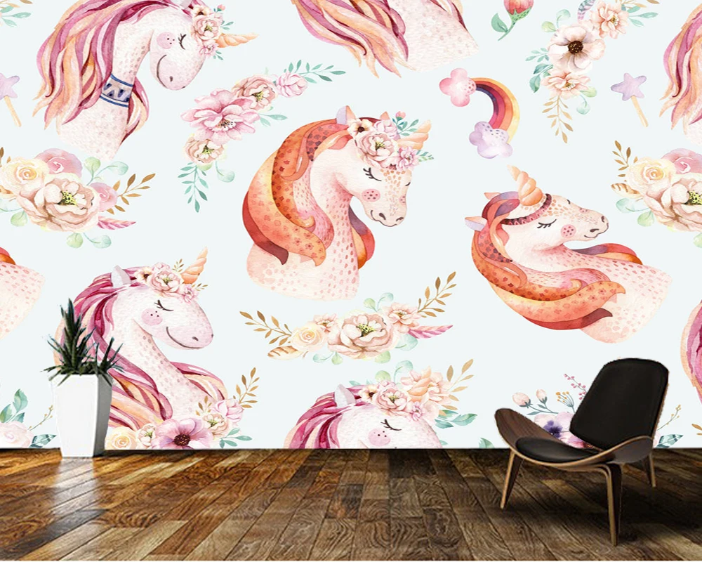 

Custom papel de parede infantil,Pink watercolour unicorn flower for living room bedroom sofa background decoration wallpaper