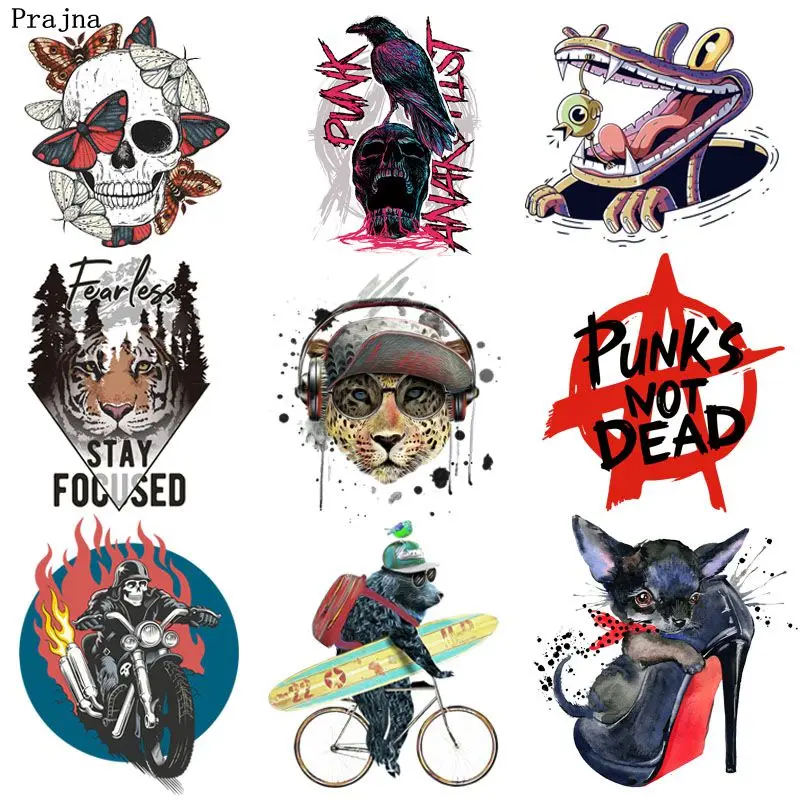 

Prajna Punk Skull Patches Flame Motorcycle Heat Transfer Iron On Transfer Stripe On Clothing Coat Jeans DIY Applique For Clothes