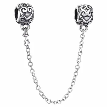 

New 925 Sterling Silver Bead Charm Vintage Swirling Filigree Enchanted Heart Safety Chain Bead Fit Pandora Bracelet Diy Jewelry