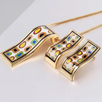 

zlxgirl Couple jewelry Geometry Enamel Stainless steel pendant & earring jewelry sets Europe Brand gold chain necklace ear sets