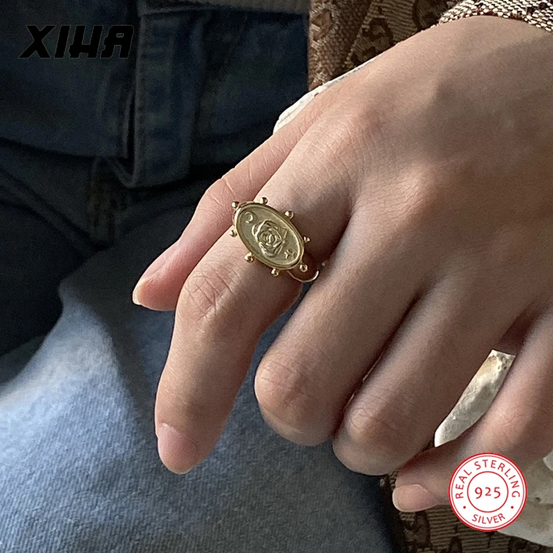 European Gold Color 925 Sterling Silver Adjustable Rings for Women Dainty Oval Rose Flower Luxury Ladies Fashion Jewelry | Украшения и