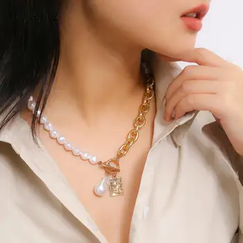 

IngeSight.Z Punk Imitation Pearl Curb Cuban Chunky Thick Choker Necklaces Collar Boho Square Pendant Necklaces for Women Jewelry