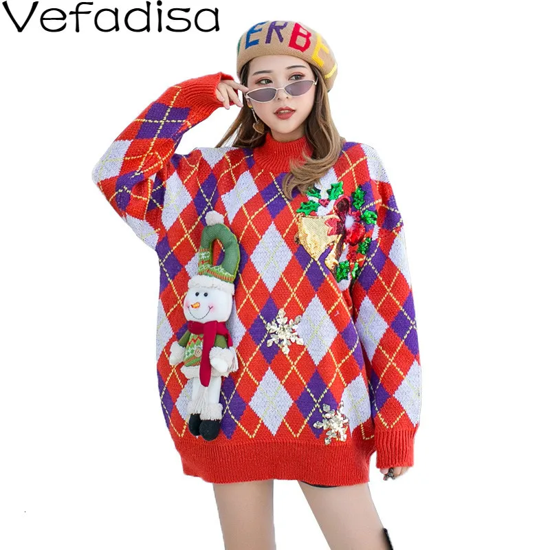 Vefadisa Sequins Christmas Sweater Woman Red Winter Thick Sweater O-Neck Pullover Knitting Sweater Loose QYF1327