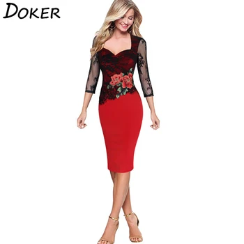 

2020 New Elegant Lace Patchwork Office Work Dress Women Floral Embroidered Slim Midi Dresses Ladies Sexy Evening Party Dress