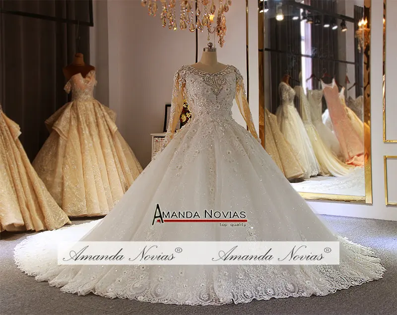 Heavy beading ball gown wedding dress custom order sizes with long sleeves bridal dress