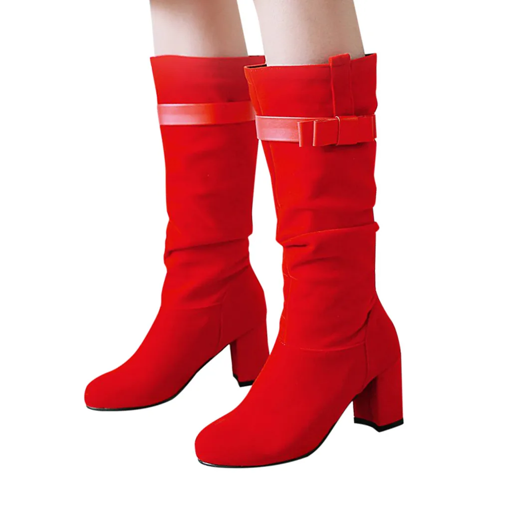 Pure Color Round Toe Slip-On Martin Boots Chunky Heels Vintage Women Boots zapatos de mujer European Ladies party red shoes