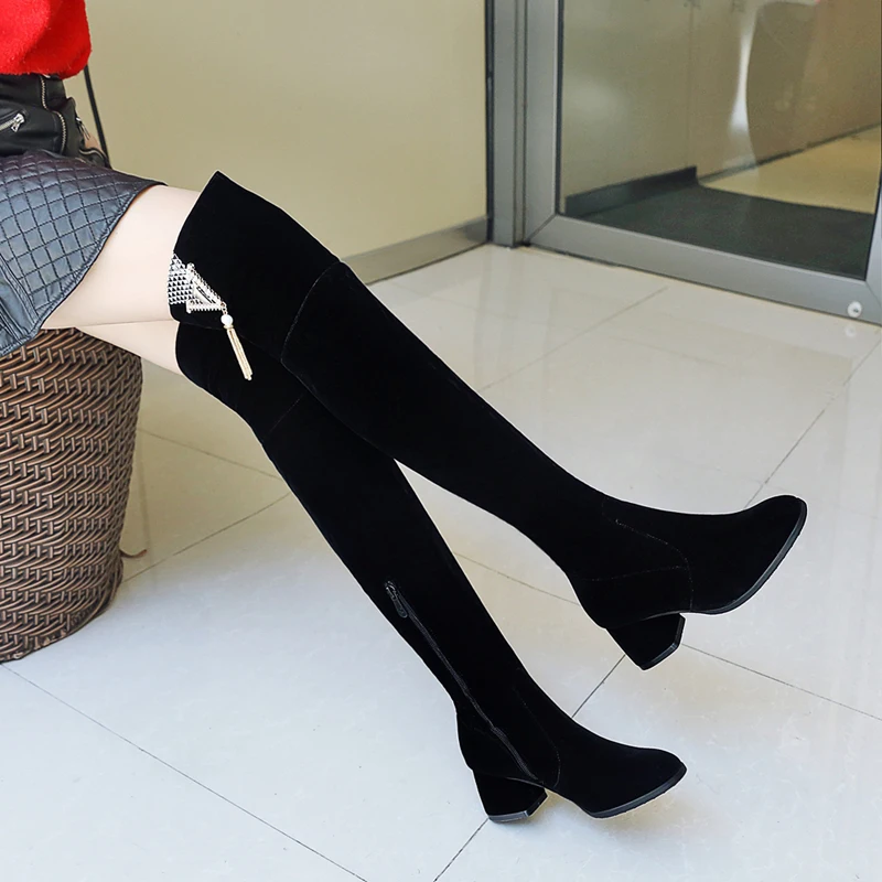 

Sexy Over-the-Knee Boots round Toe Slip On Women's boots Thick Boots Metal fringe decoration For Women Long Barrel Boots 2019