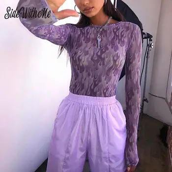 

Skinny Print Ladies Bodysuit Sexy Fashion Bodycon Long Sleeves Female Bodysuit O-Neck Mesh Women Casual Tops Purple Bodysuit