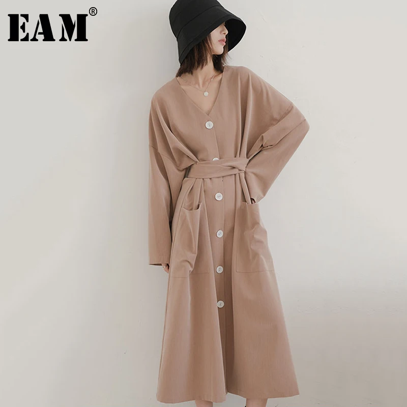 

[EAM] Women Button Pocket Spliced Belt Oversize Dress New V-Neck Long Sleeve Loose Fit Fashion Tide Spring Autumn 2019 1B625