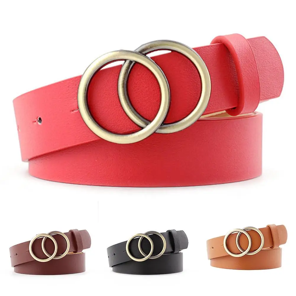 New Fashion Women Belt Faux Leather Adjustable Double Round Buckle