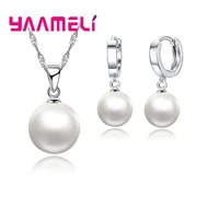 Smooth Women Wedding Jewelry Sets 925 Sterling Silver Ball Round Freswater Pearl Necklace Hoop Earrings Fashion Accessories 1