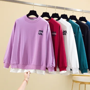 

Korean-Style Women's Wear Fake Two-Piece Embroidered Round Neck Sweater Female Loose Harajuku Pink Women Hoodies