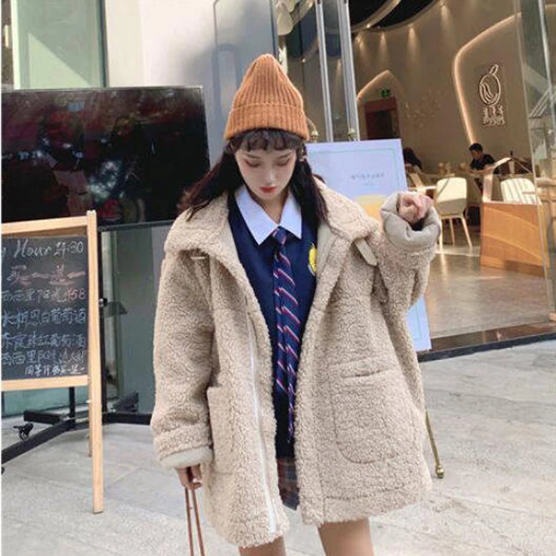 Faux Fur Lambswool Oversized Jacket Fashion Solid Coat Winter Hairly Ladies Outerwear