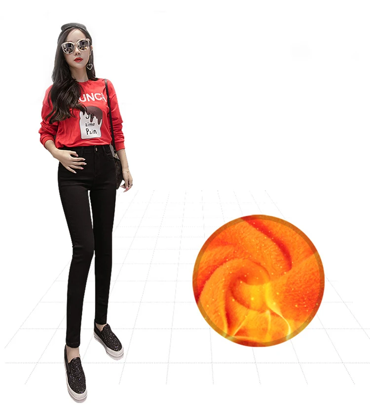 

Winter Women Plus Velvet Jeans High Waist Korean Version of the Thick Stretch Slim Blue Jeans Women's Feet Pencil Pants