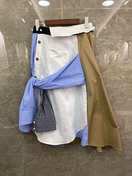 

2020 Early Autumn New Women's Irregular Color Matching Stitching Striped Design Double Purpose All-match Skirt 725