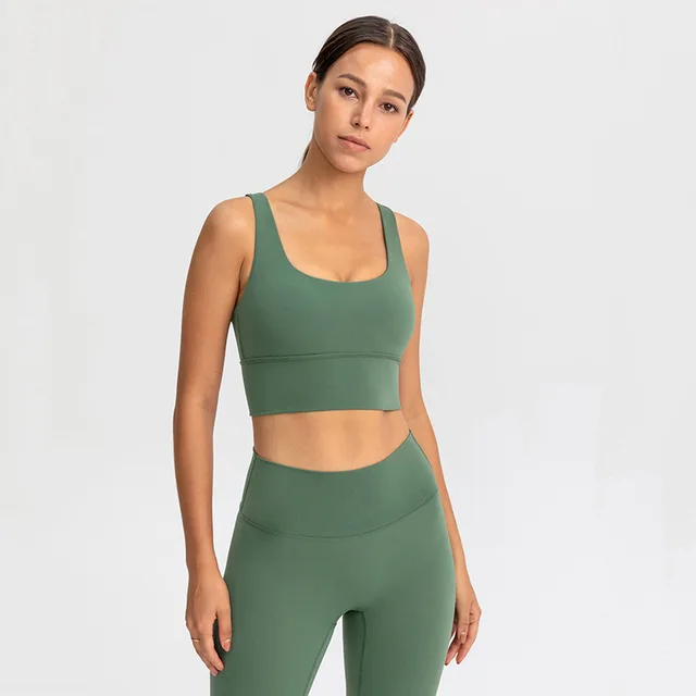 Lulu High Quality Fitness Bra Women Gym Tank Top Butter Soft  Cross Back Yoga Vest Athletic High Impact Brassiere With Chest Pad Algae green