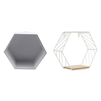 

Wood Iron Art Hexagonal Grid Wall Shelf Combination Wall Hanging White S & Storage Racks Hexagonal Wall Shelf