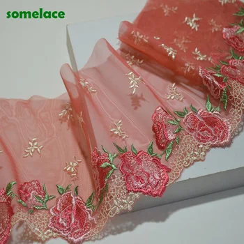 

2Y/lot 15Cm Translucent Pink Gauze Fluorescent Pink Floral Embroidery Lace Trim with Design for Wedding Bridal and Garment