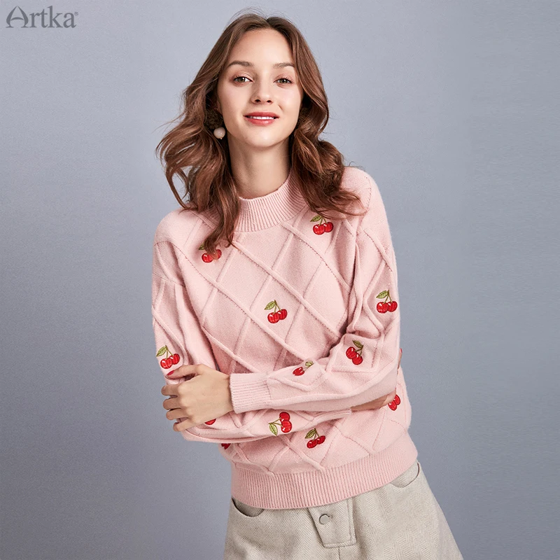 ARTKA 2019 Autumn Winter New Women Sweater Pink Cute Cherry Embroidery Knitted Sweaters Loose O-Neck Pullover YB11691Q | Женская одежда