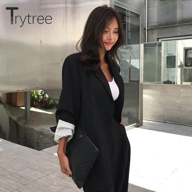 Trytree Осень Зима Женское повседневное пальто отложной воротник однобортный с карманами однотонный черный модный офисный Женский костюм комплект