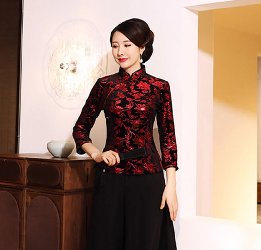 Китайский традиционный стиль осень зима бархат cheongsam женский короткий параграф семь точек рукав принт Тан костюм рубашка - Цвет: red 3