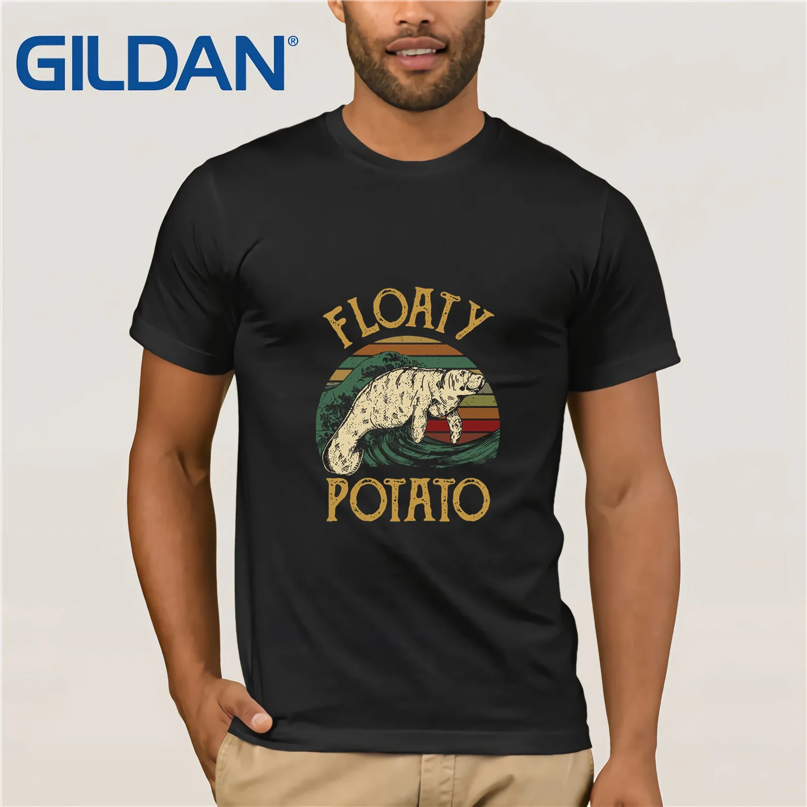 

Gildan Brand Manatee Floaty Potato Vintage T-Shirt Men's Short Sleeve T-Shirt Vintage Crew Neck Funny Tees Cotton Tops T Shirt