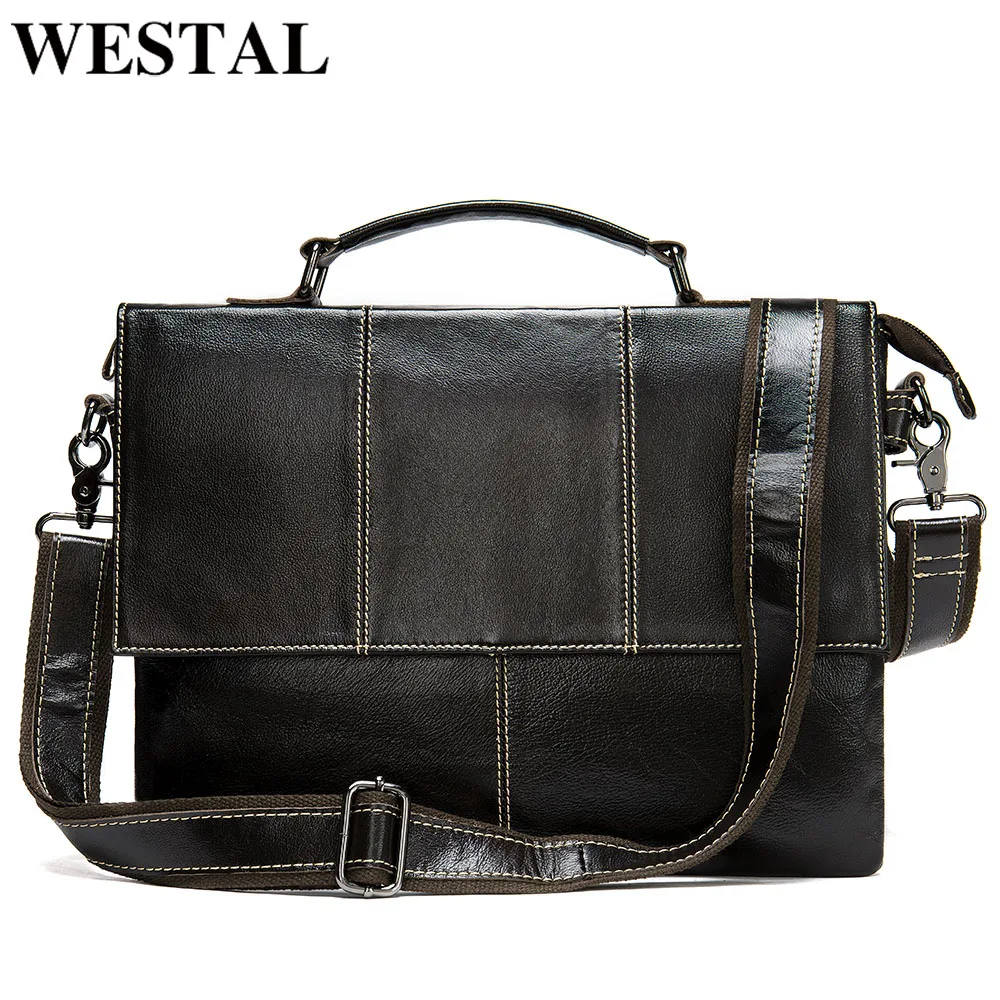 

WESTAL men's briefcase handbag men's genuine leather laptop bag business tote for document office portable laptop shoulder bag