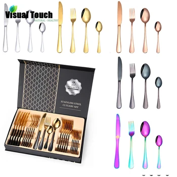 

Visual Touch 24Pcs/set Stainless Steel Tableware Set Flatware Sets Knife Spoon Fork Cutlery Gold Hotel Party Dinnerware Set Gift