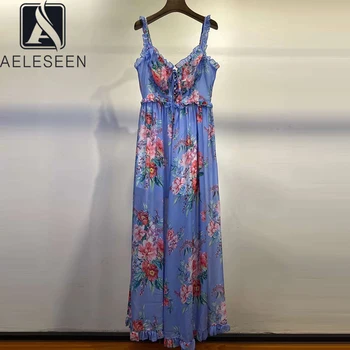 

AELESEEN Runway Summer Beach Jumpsuit Women Ruffles Spaghetti Strap Blue Flower Print Bandage Hollow Out Party Jumpsuit