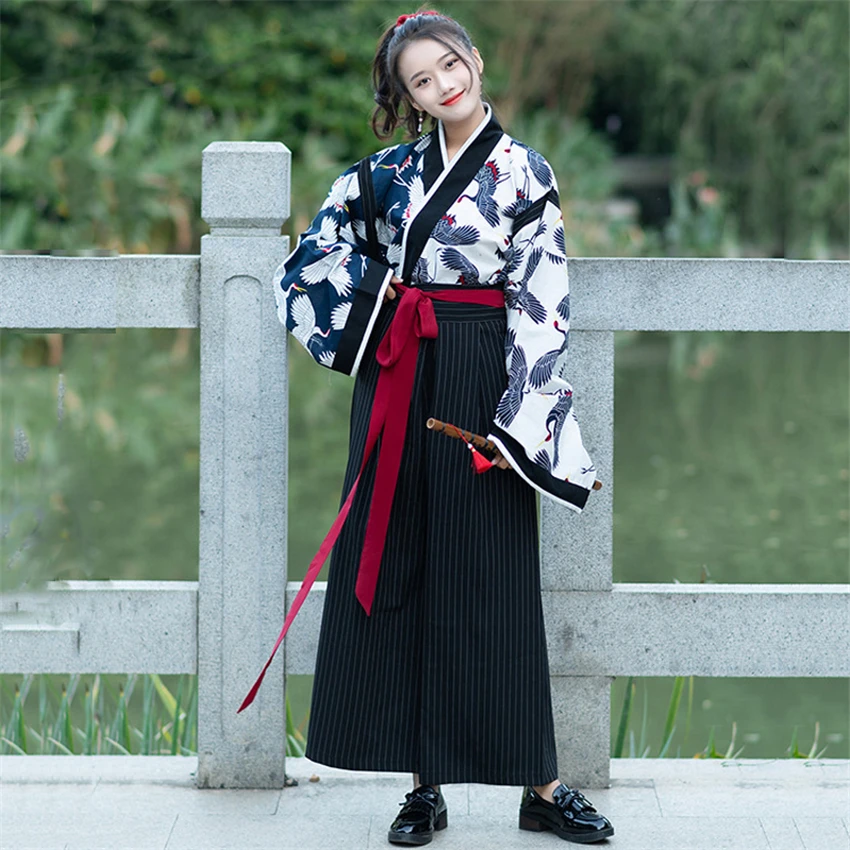 Kimono Traditional Japanese Samurai Costume Women Vintage Crane Print Top Pants Suit Yukata Haori Japan Cardigan Party Cosplay