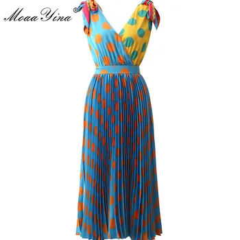 

MoaaYina Fashion Designer Runway Dress Summer Women V-neck Dot Romantic Vacation Pleated Spaghetti strap Dress