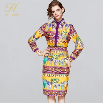 

H Han Queen OL Print 2 Pieces Suits Women 2019 Autumn Winter Single-breasted Shirt Top & Print Bodycon Skirt Office Casual Set