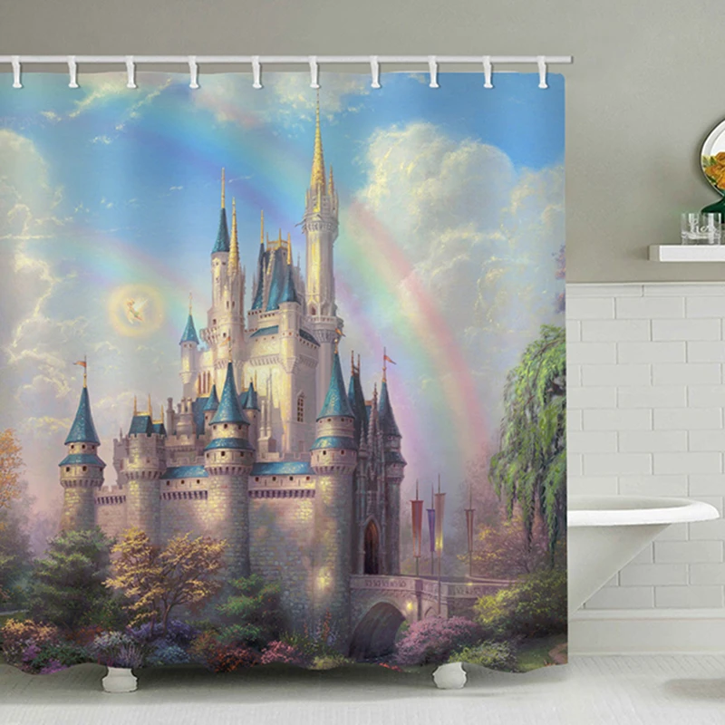 

High Quality Polyester Fabric Shower Curtains Bathroom Curtain Washable Bath Rainbow castle in fairy tale with Hooks