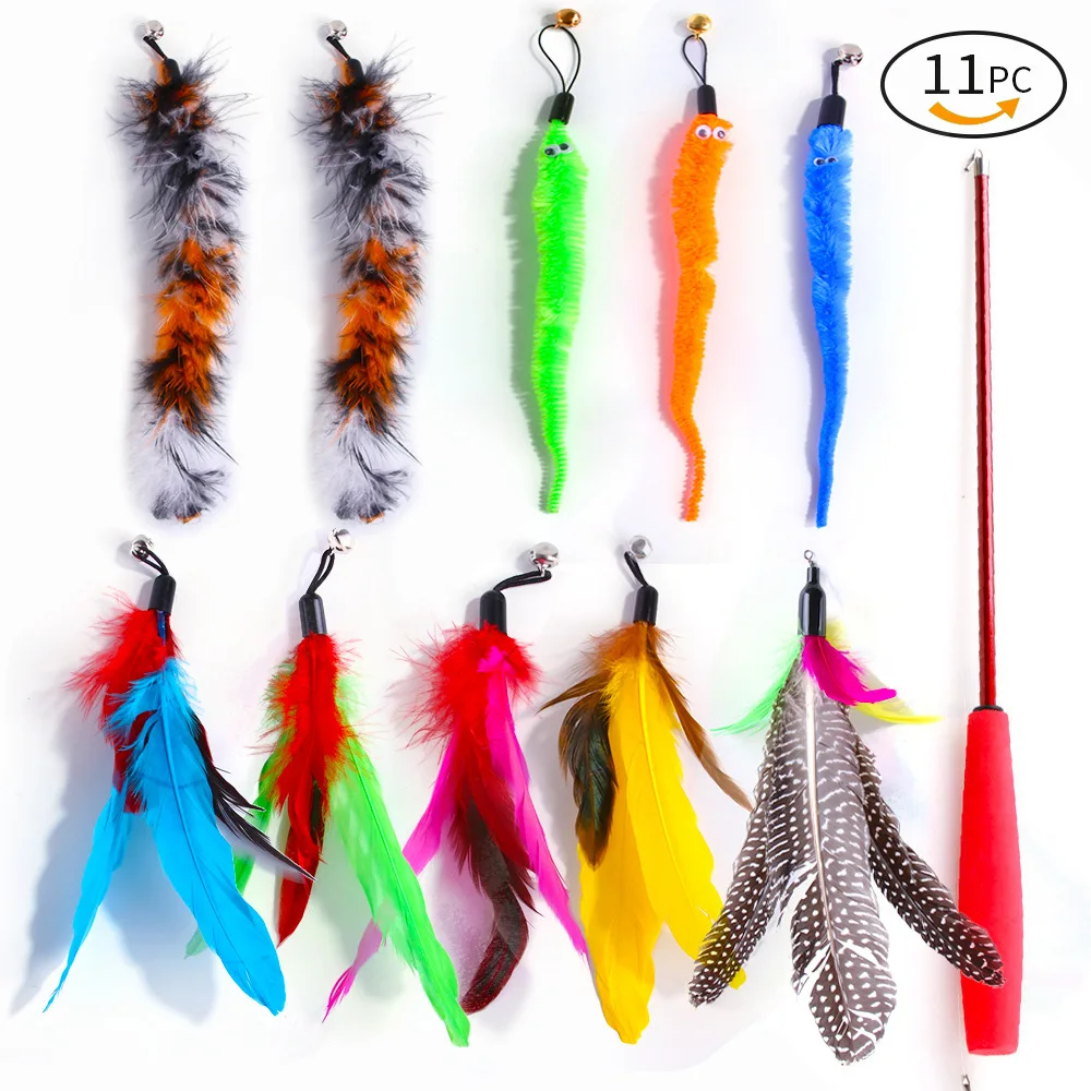 

11 PCS Cat Feather Toy Feather Teaser Stick Wand Set Creative Colorful Interactive Retractable Feather Bell Refill Replacement