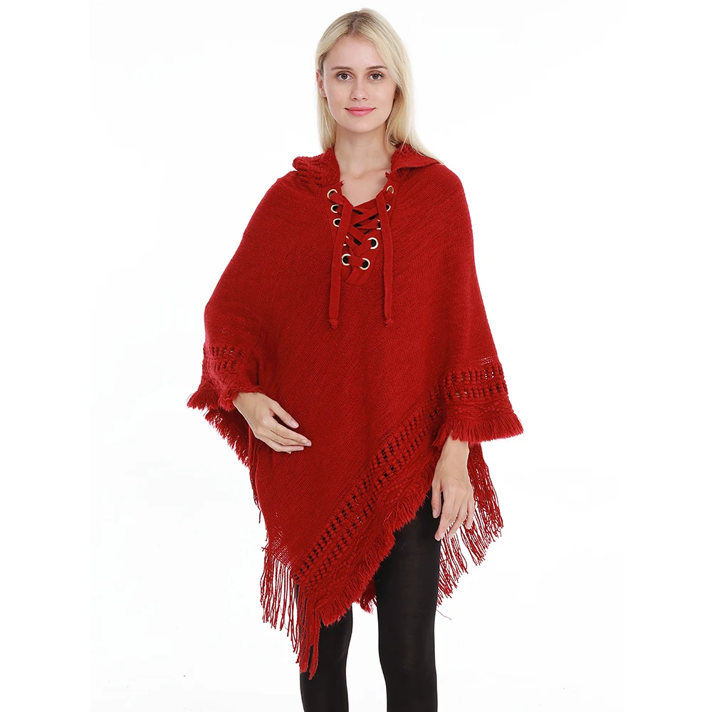 2019New Ladies Hooded Poncho Solid Color Cape With Rope Tassel Crochet Knitting Poncho For Women Pullover - Цвет: Красный