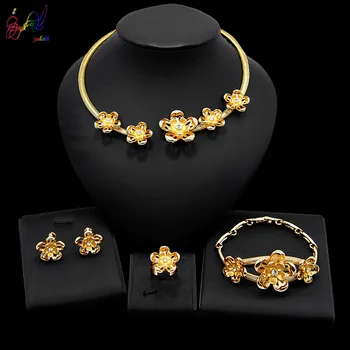 

Yulaili Women Gold Color Flower Jewelry Sets Trendy Necklace Statement Earrings Bangle Ring For Party Wedding Exclusive Sales