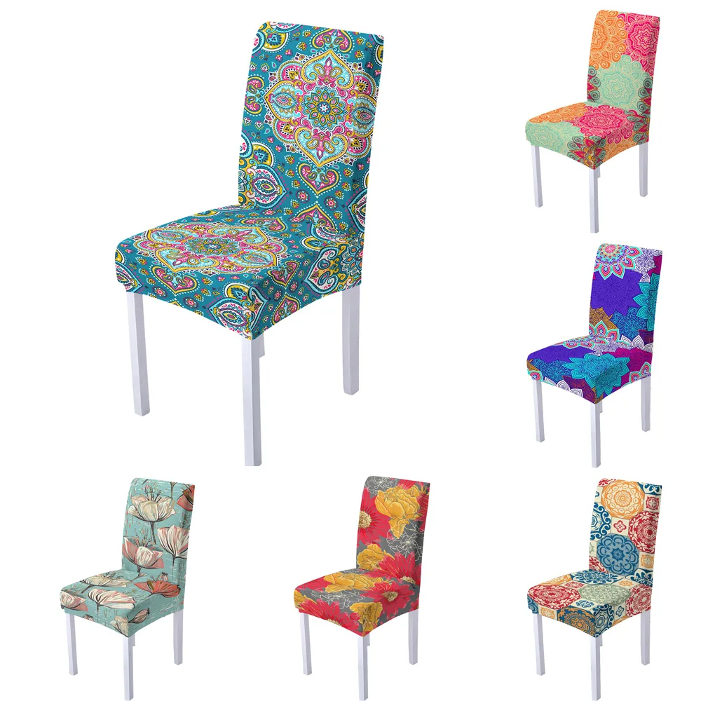 Geometric Chair Cover for Dining Room 3D Mandala Floral Print Spandex