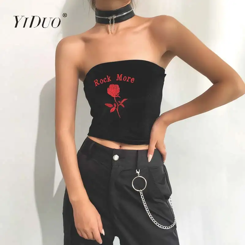 YiDuo, Harajuku, "ROCK MORE", Цветочная вышивка, черный бархат, укороченный топ, женские сексуальные топы, облегающие, для ночного клуба, вечерние, майка, Femme