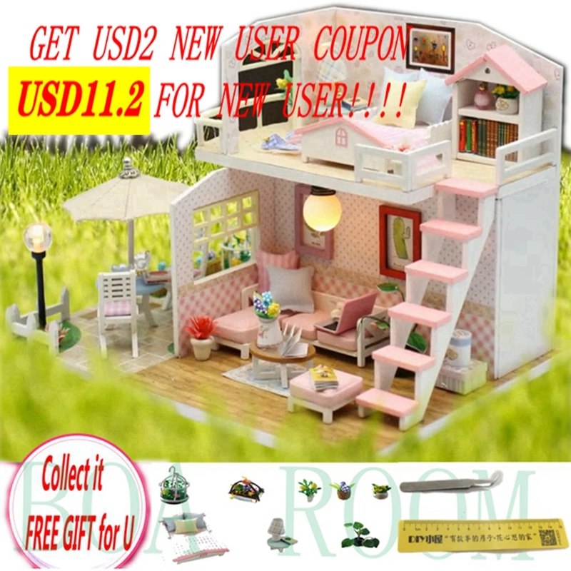DIY Кукольный дом, деревянные кукольные домики, миниатюрный мини кукольный домик, мебель, набор со светодиодный игрушками, Детский Рождественский подарок, M033, розовый Лофт