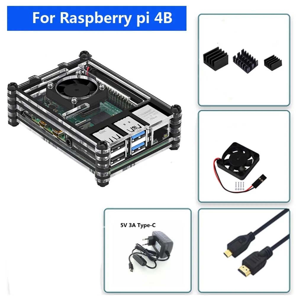 Raspberry PI 4 Model B Acrylic Case With Cooling Fan+32GB SD Card+5V 3A power+Heatsink+HDMI for Raspberry pi 4B