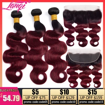 

T1b99j Burgundy ombre bundles with frontal Brazilian human hair weave body wave bundles with lace frontal closure non-remy