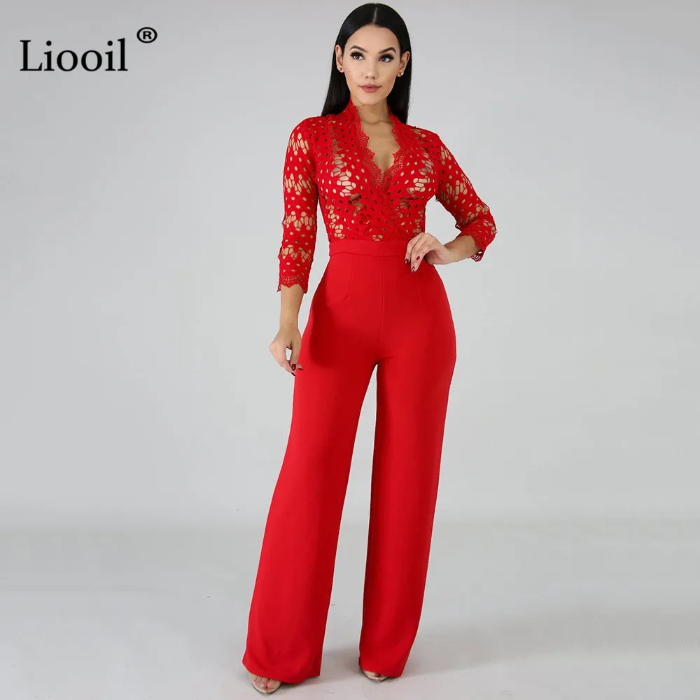 Liooil, белый, красный, с вырезами, сексуальные, кружевные Комбинезоны для женщин, v-образный вырез, высокая талия, прозрачные, вечерние, Клубные комбинезоны, женский комбинезон