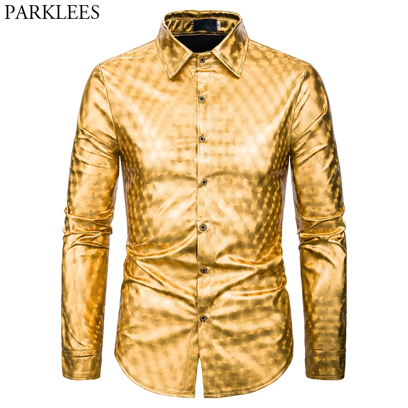 Золотой клетчатый плед платье рубашка для мужчин 2019 осень новый длинный рукав Slim FIt Chemise Homme хип хоп Уличная Повседневная Вечерние Camisas
