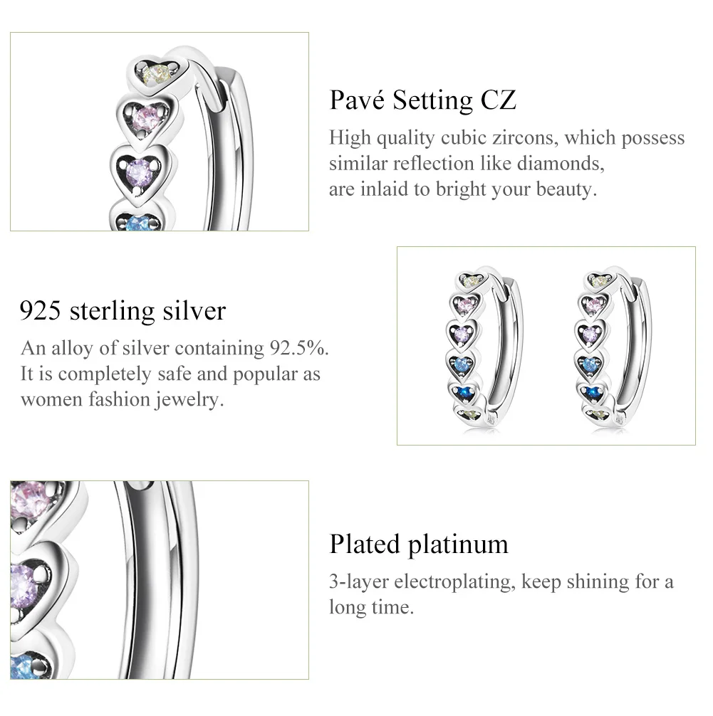 Heart-Shaped Earrings 925 Sterling Silver Stackable Rainbow Zircon Ear Buckles for Women & Girls Fine Jewelry DIY Gifts Silver Earrings Womens Earrings Heart Earrings