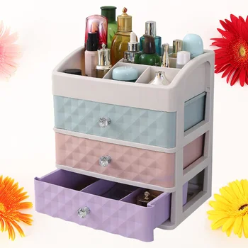 

3-Tier Multifunctional Saving Space Desktop Comestics Toiletry Organizer Makeup Storage Box with Drawers (Colorful)