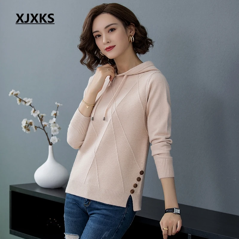 XJXKS ropa mujer Invierno модный кашемировый пуловер с капюшоном для женщин, однотонный вязаный женский свитер с длинными рукавами - Цвет: Бежевый