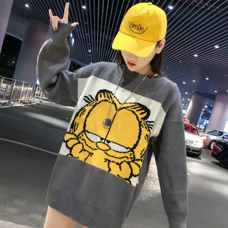 Ceny Nowy koreański Garfield kobiet sweter kreskówka ładny luźny sweter jesień zima moda dziewczyna ubrania topy kobiet sweter na drutach 2019