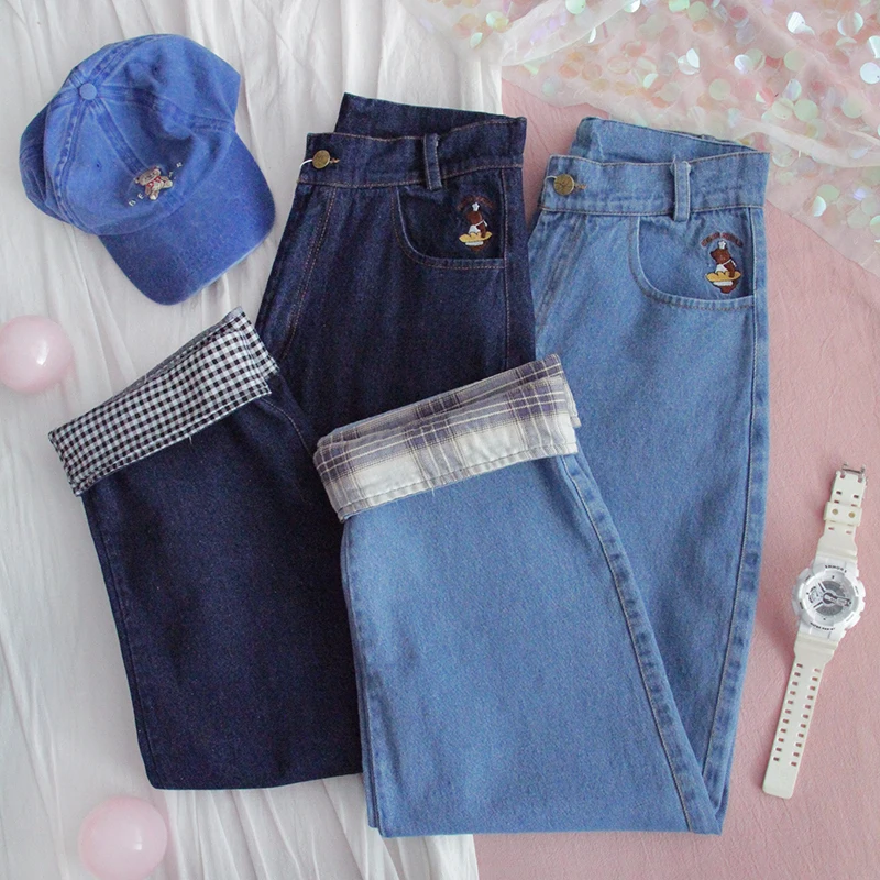 Spring Autumn Loose Sweet Jeans Nine Pants Young Girl Casual Student Cartoon Embroidery Soft Sister Straight Pants Preppy Style Spring Autumn Loose Sweet Jeans Nine Pants Young Girl Casual Student Cartoon Embroidery Soft Sister Straight Pants Preppy Style