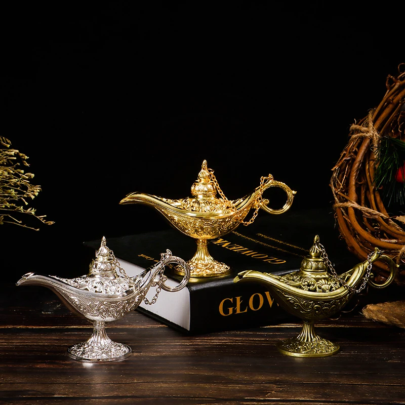 12cm(4.7)Classic Rare Hollow Legend Aladdin Magic Genie Lamps Incense  Burners Retro Wishing Oil Lamp Home Decor Gift